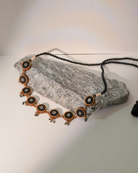 WHE Black Repurposed Fabric and Wood Necklace