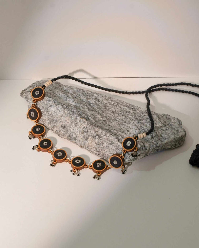 WHE Black Repurposed Fabric and Wood Necklace