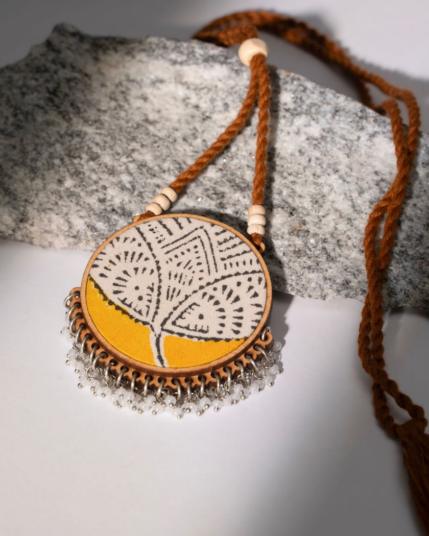 WHE Two in One Pink Yellow Repurposed Fabric and Wood Round Pendant