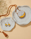 WHE Two in One Pink Yellow Repurposed Fabric and Wood Round Pendant