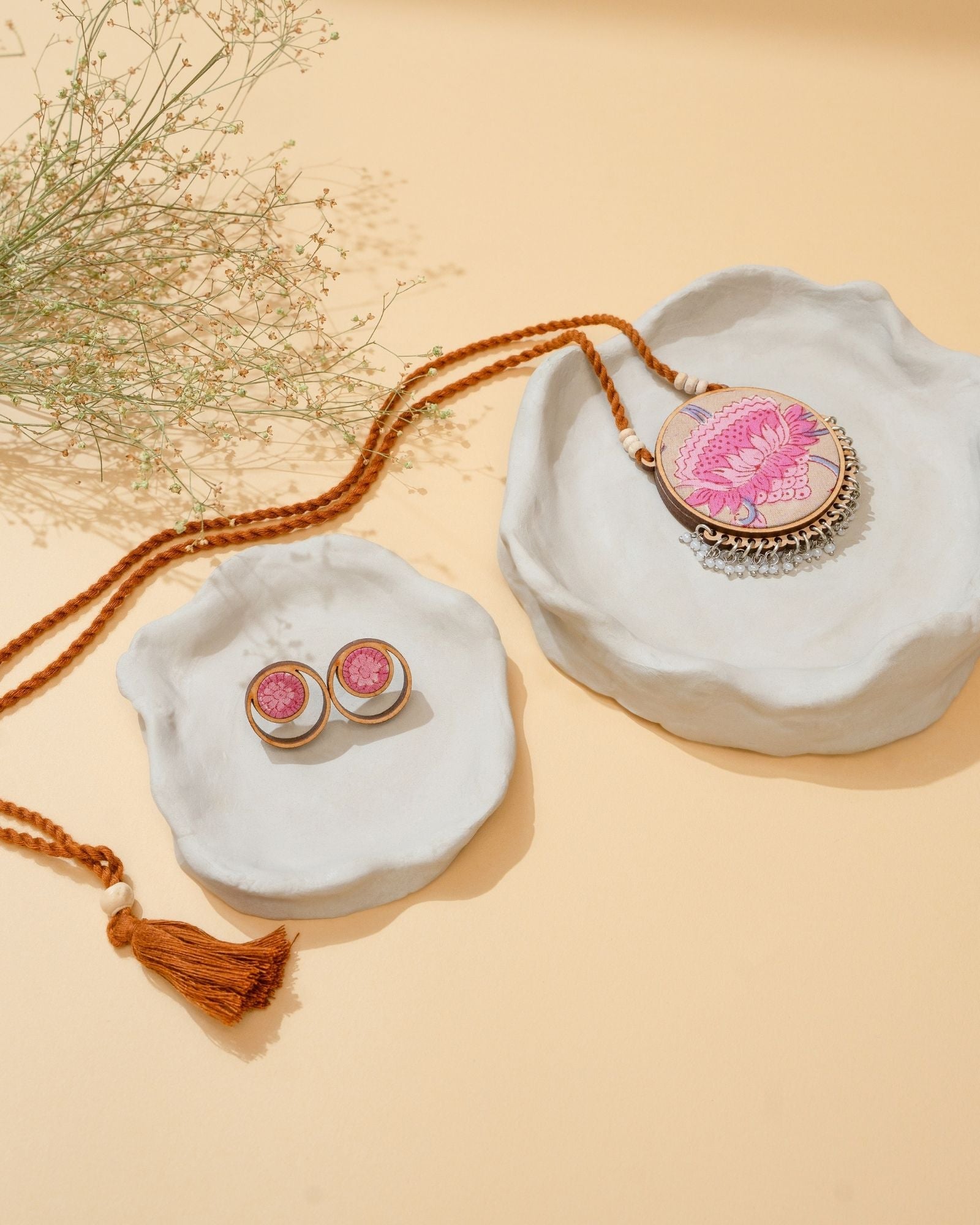 WHE Two in One Pink Yellow Repurposed Fabric and Wood Round Pendant