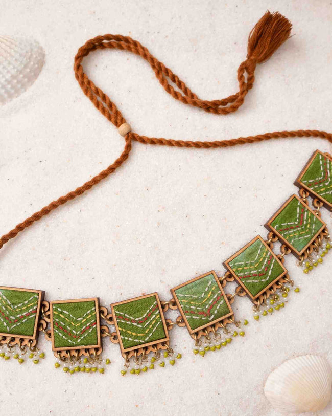 WHE Kantha Green Repurposed Silk Fabric and Wood Necklace