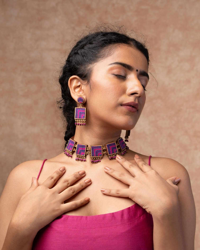 WHE Pink Purple Kantha Repurposed Silk Fabric and Wood Necklace