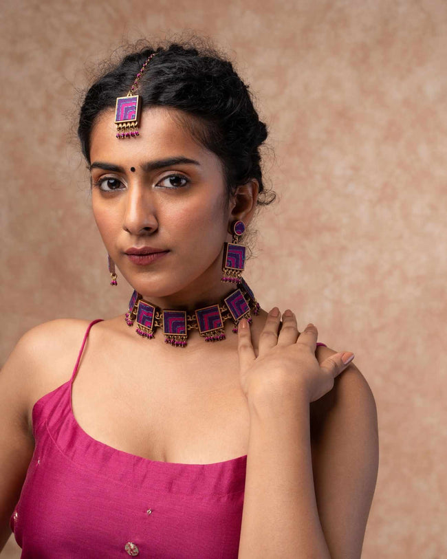WHE Pink Purple Kantha Repurposed Silk Fabric and Wood Necklace