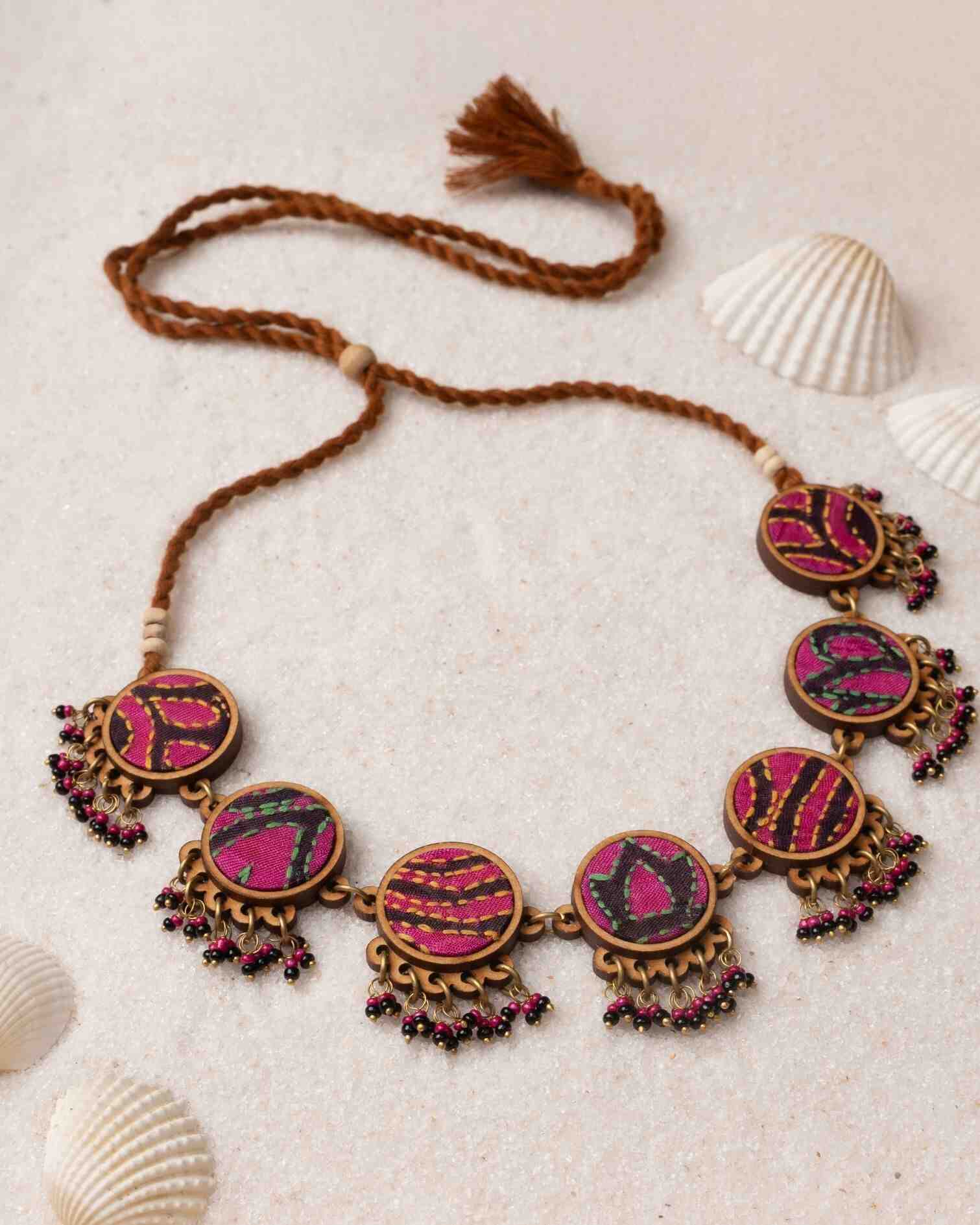 WHE Multicolor Kantha Silk Fabric and Repurposed Wood Necklace