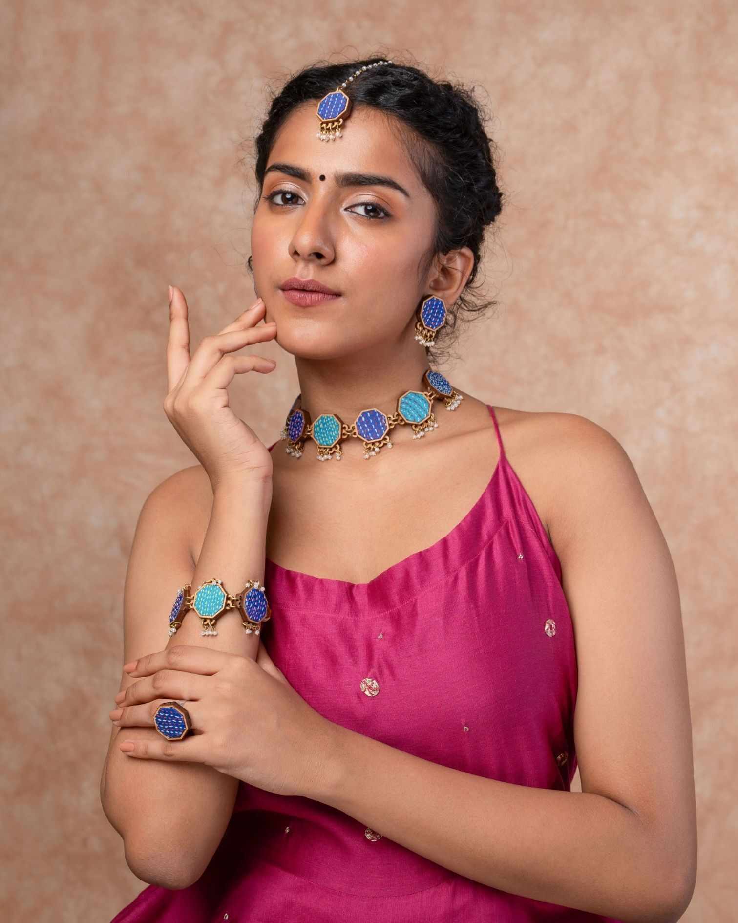 WHE Blue Kantha Repurposed Silk Fabric and Wood Maang Tika