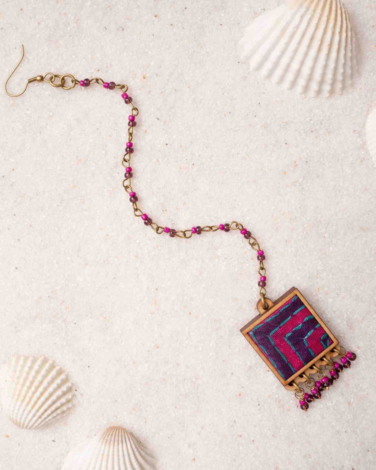 WHE Pink Purple Kantha Repurposed Silk Fabric and Wood  Tikka