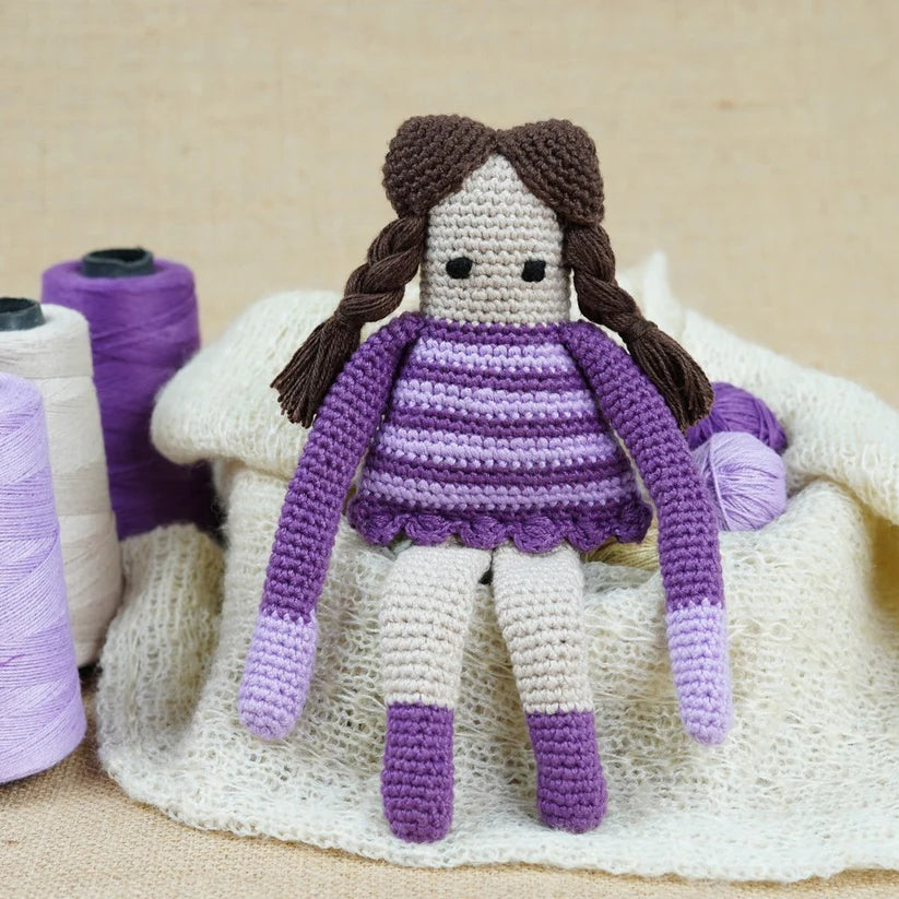 Hand Crochet Sassy Doll Purple Frock Long Hair
