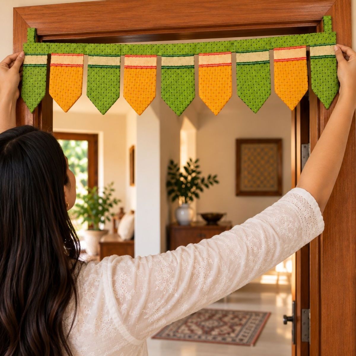 IndiDhaage Festive Home Gift  | Handcrafted Green Fabric Toran