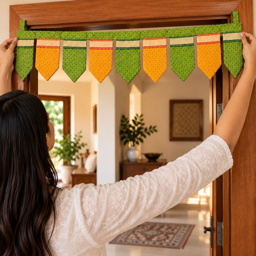 IndiDhaage Festive Home Gift  | Handcrafted Green Fabric Toran