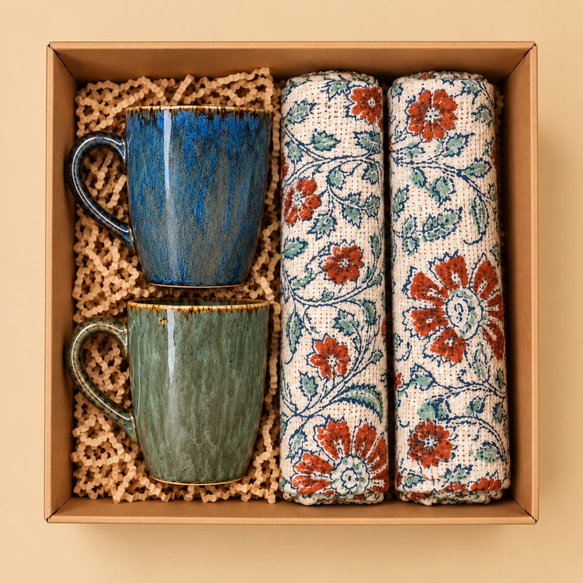 IndiDhaage Cozy Home Gift Box | Ceramic Mugs & Block Print Cushion Covers