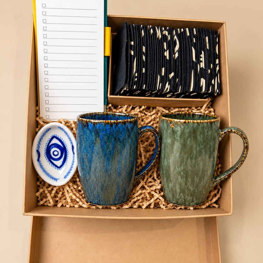 IndiDhaage Mindful Self-Care Gift Hamper | Affirmation Cards, To-Do List, Evil Eye Holder & Ceramic Mugs