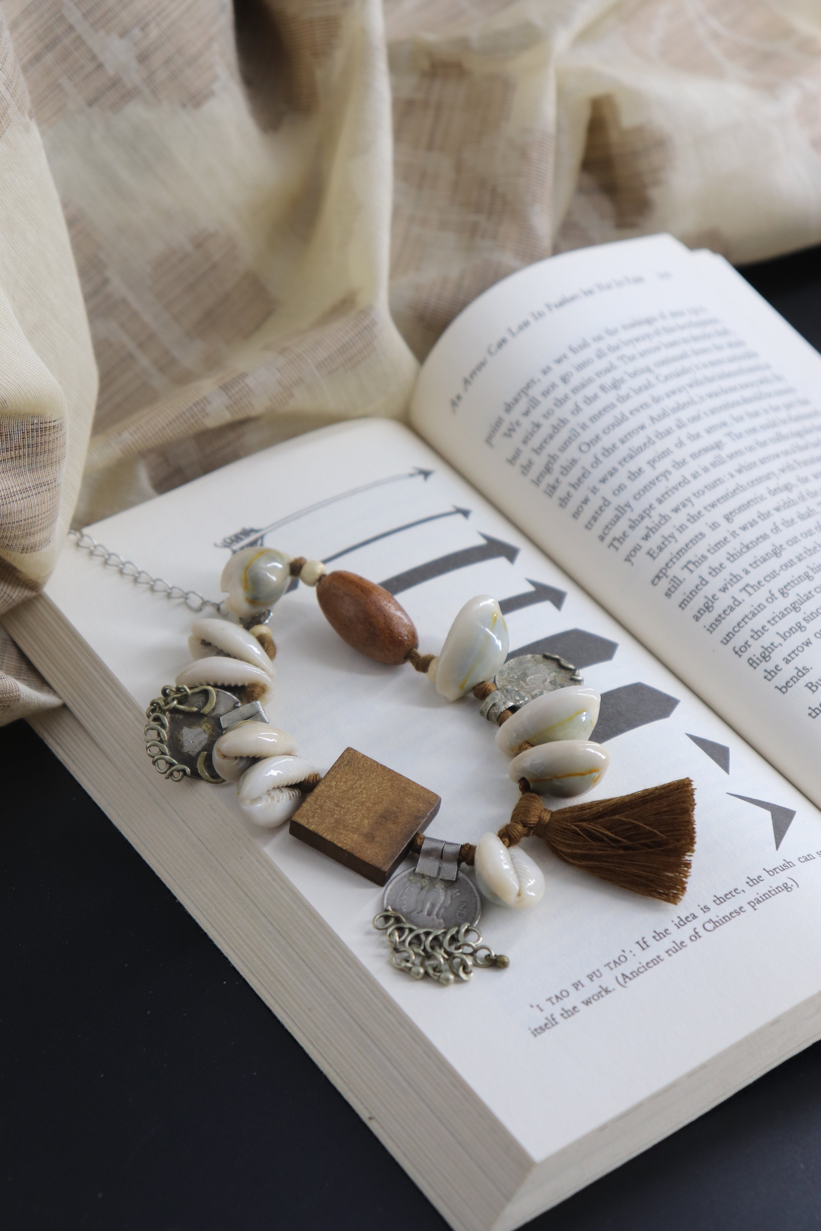 WHE Handmade Tribal Shell Wood And Repurposed Coin Bracelet