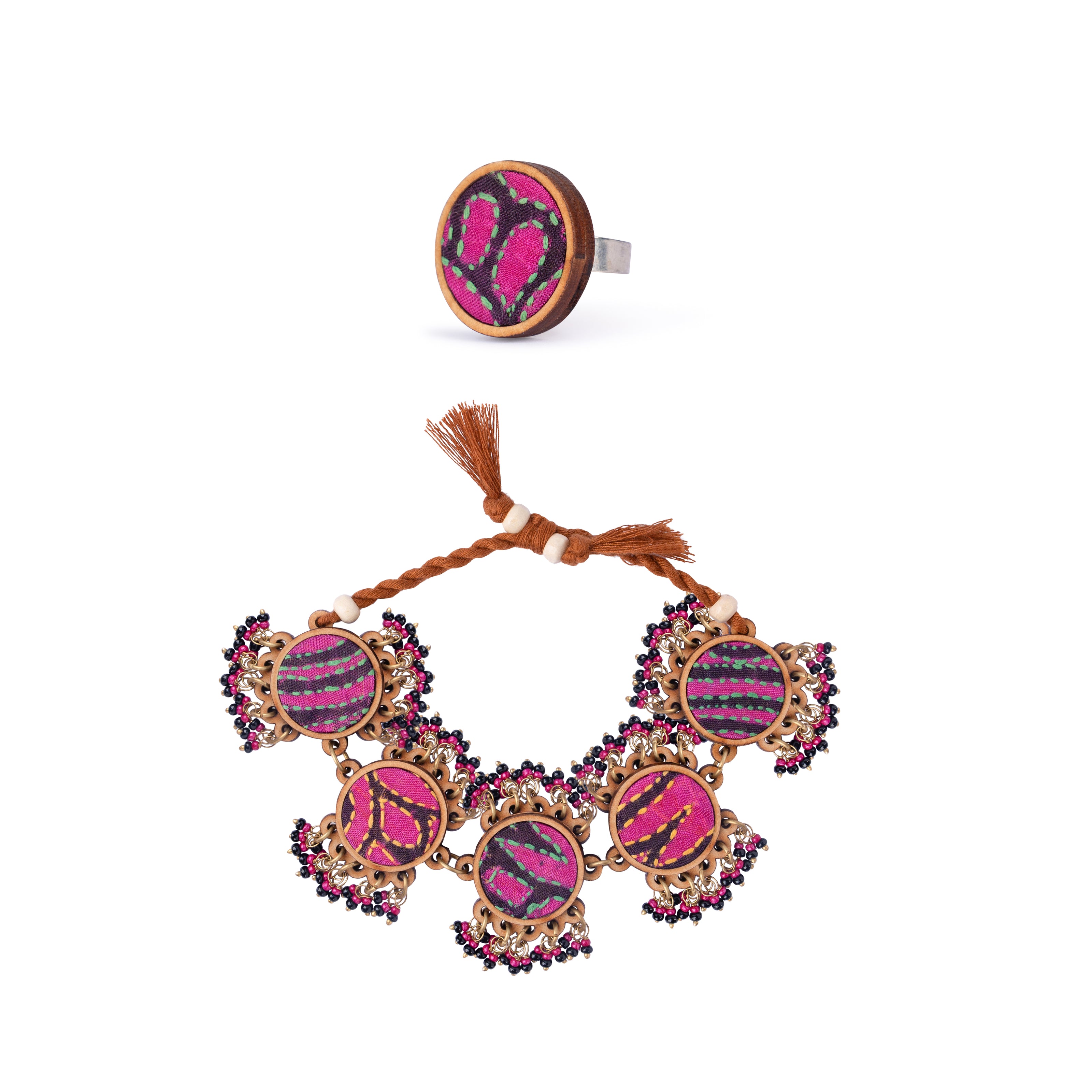 WHE Multicolor Kantha Silk Fabric and Repurposed Wood Bracelet with Beads