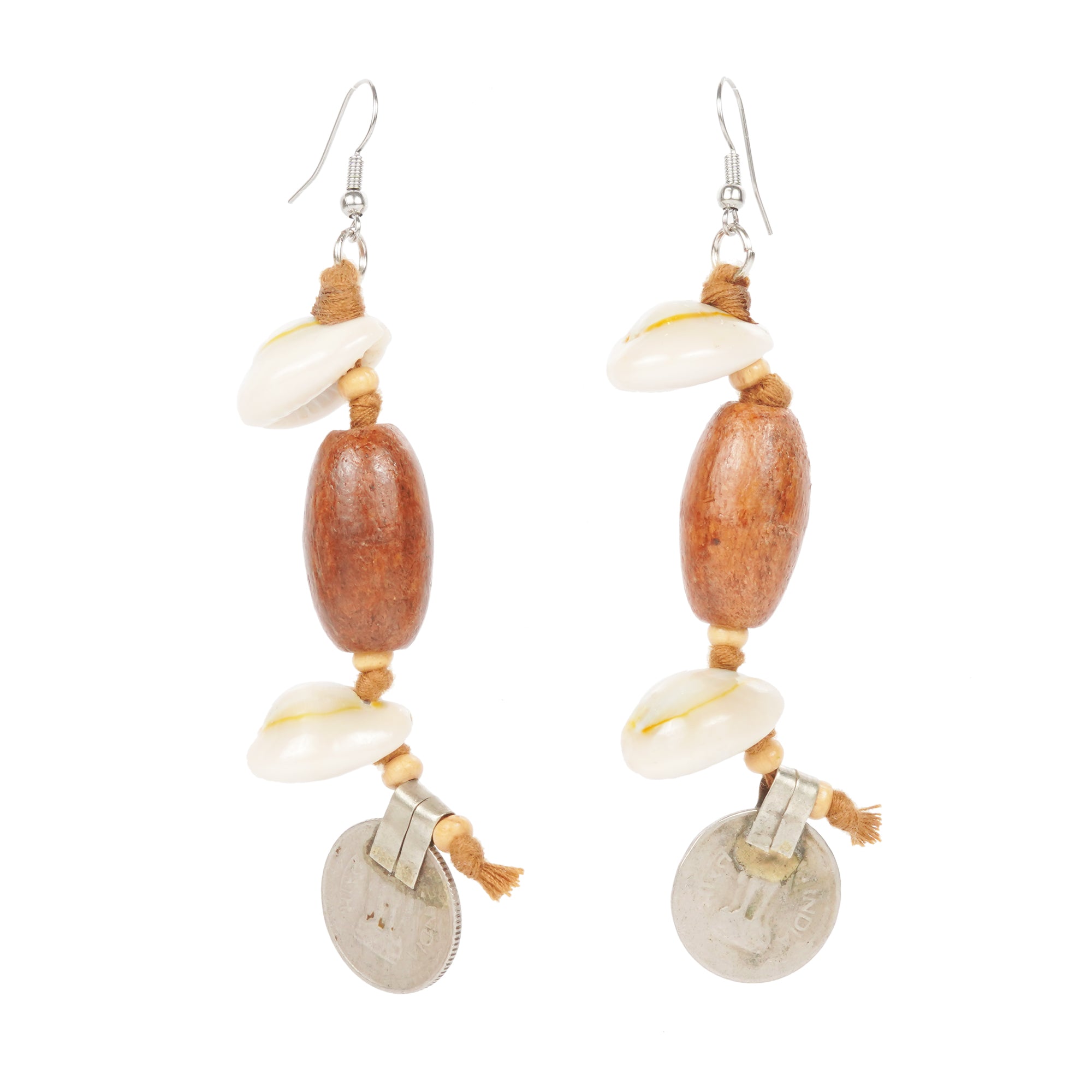 WHE Handmade Tribal Shell Wood And Repurposed Coin Earring