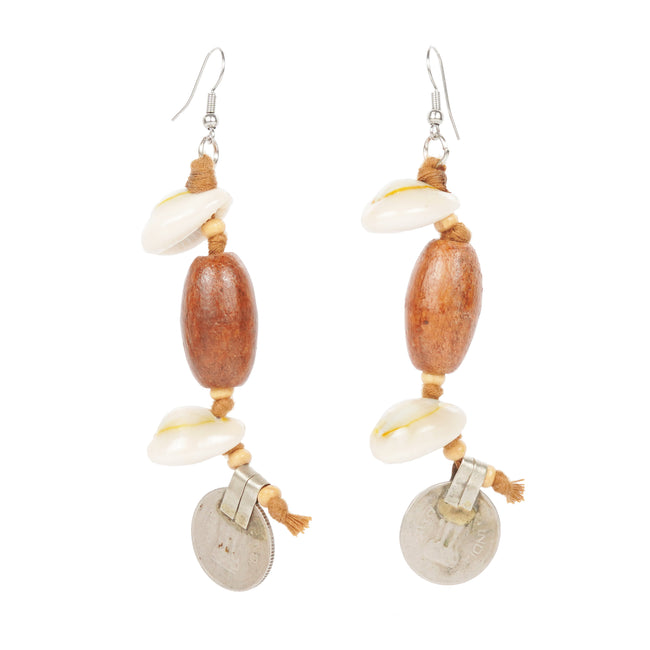 WHE Handmade Tribal Shell Wood And Repurposed Coin Earring
