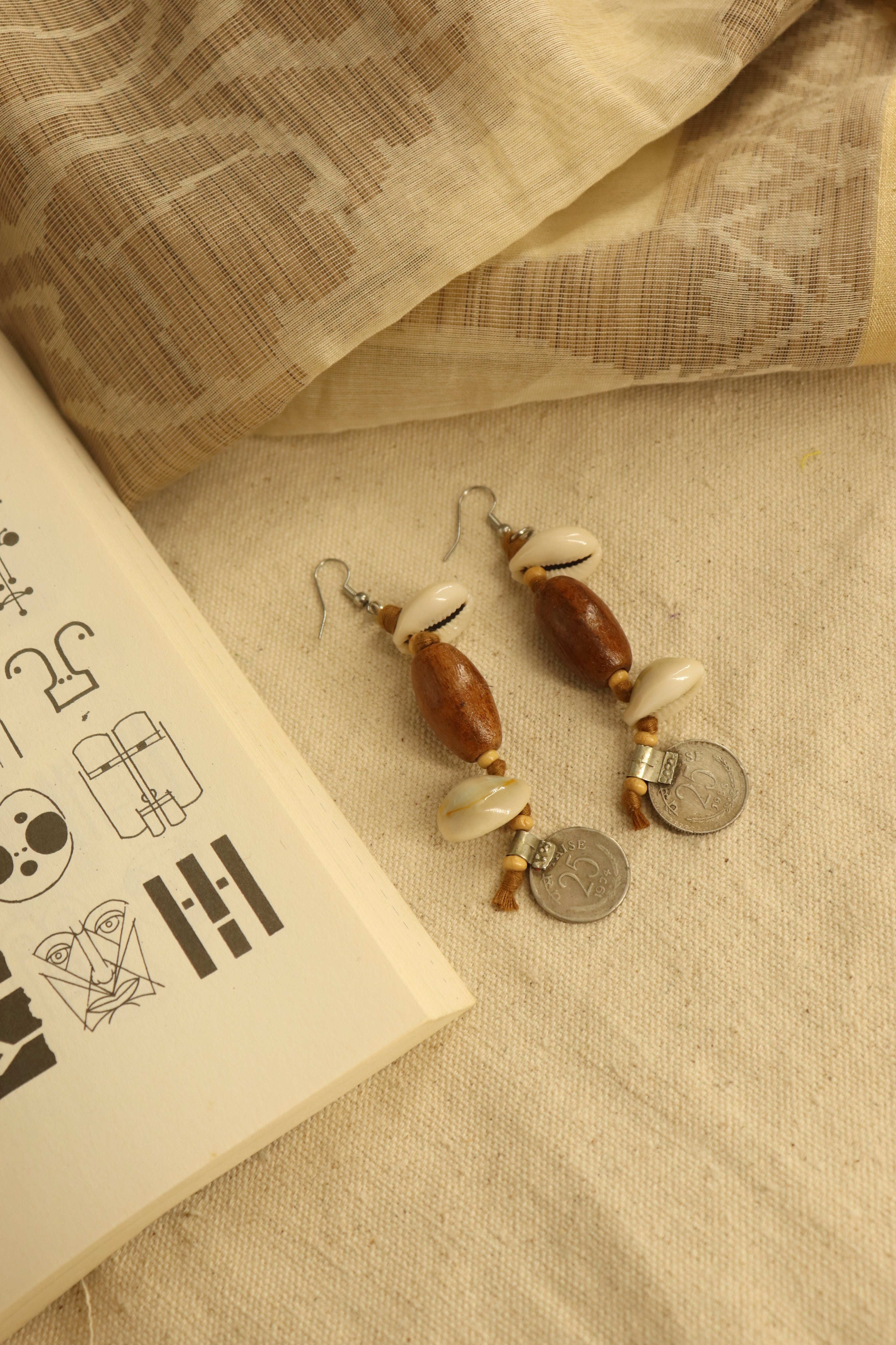 WHE Handmade Tribal Shell Wood And Repurposed Coin Earring