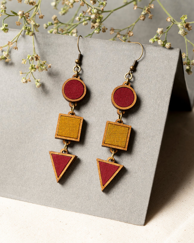 WHE Red and Yellow Festive Repurposed Fabric and Wood Geometrical Earring