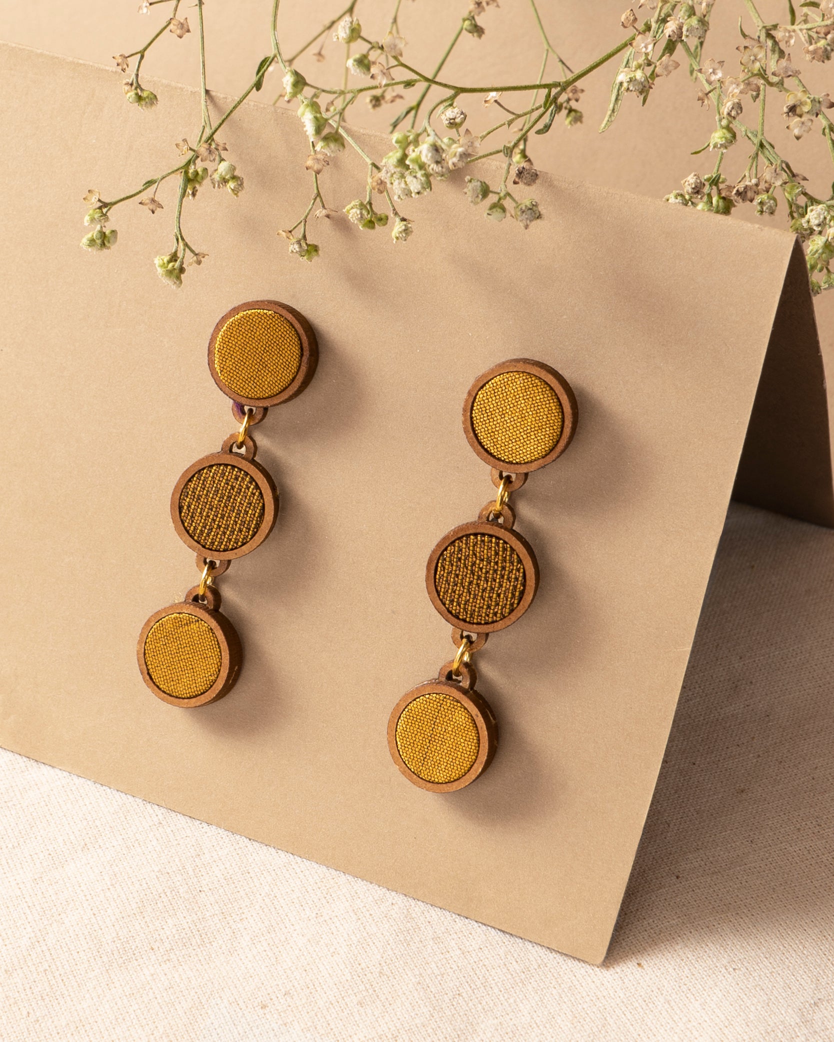 WHE Yellow Festive Repurposed Fabric and Wood Round Earring