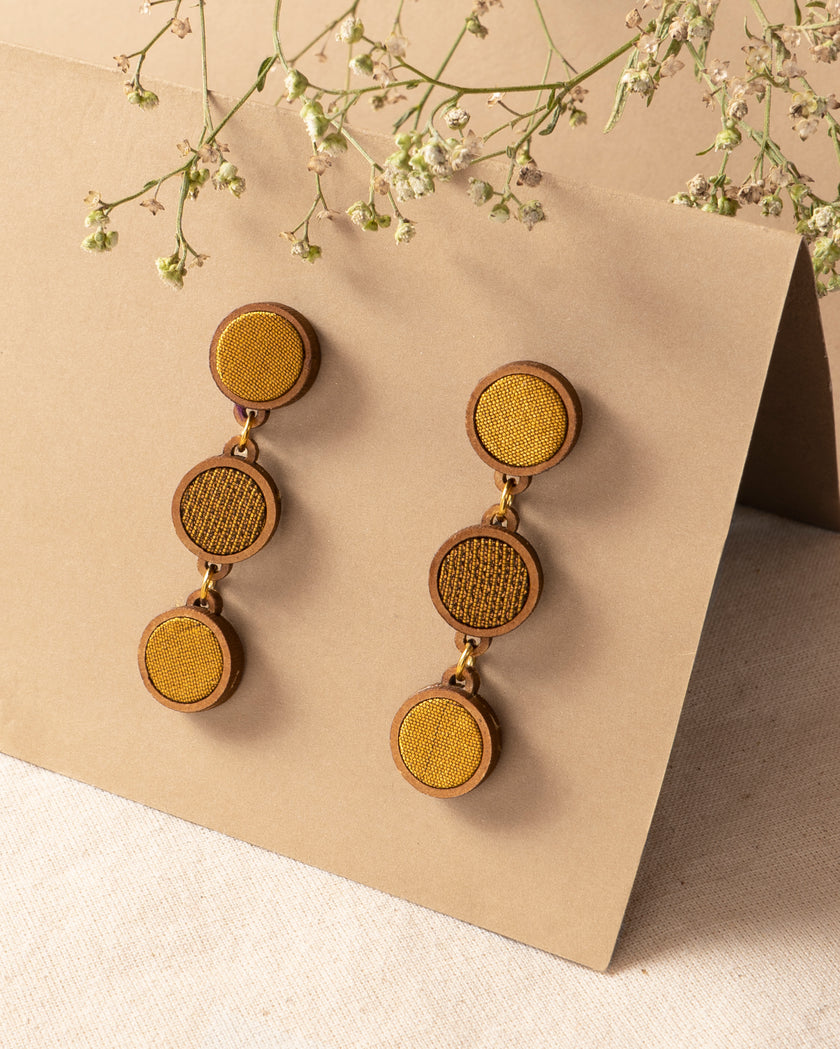 WHE Yellow Festive Repurposed Fabric and Wood Round Earring
