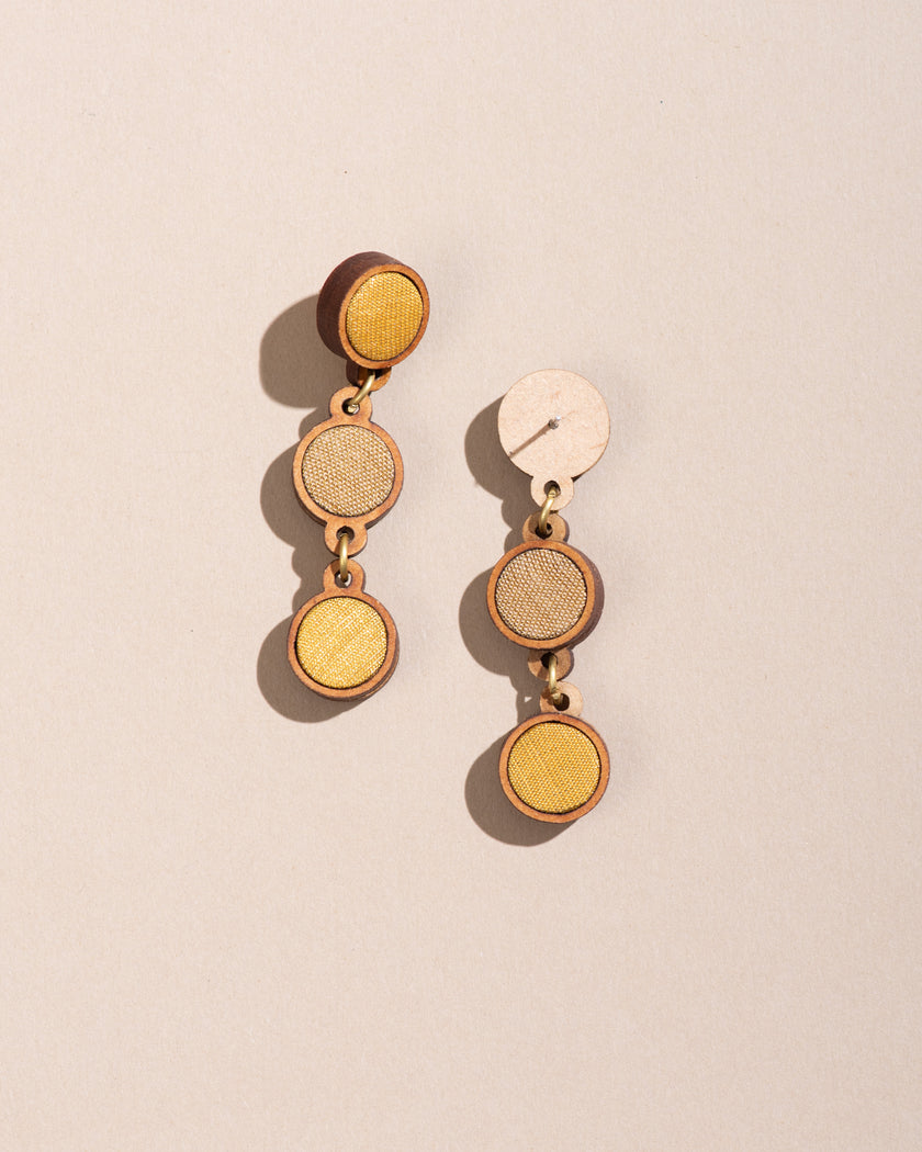 WHE Yellow Festive Repurposed Fabric and Wood Round Earring