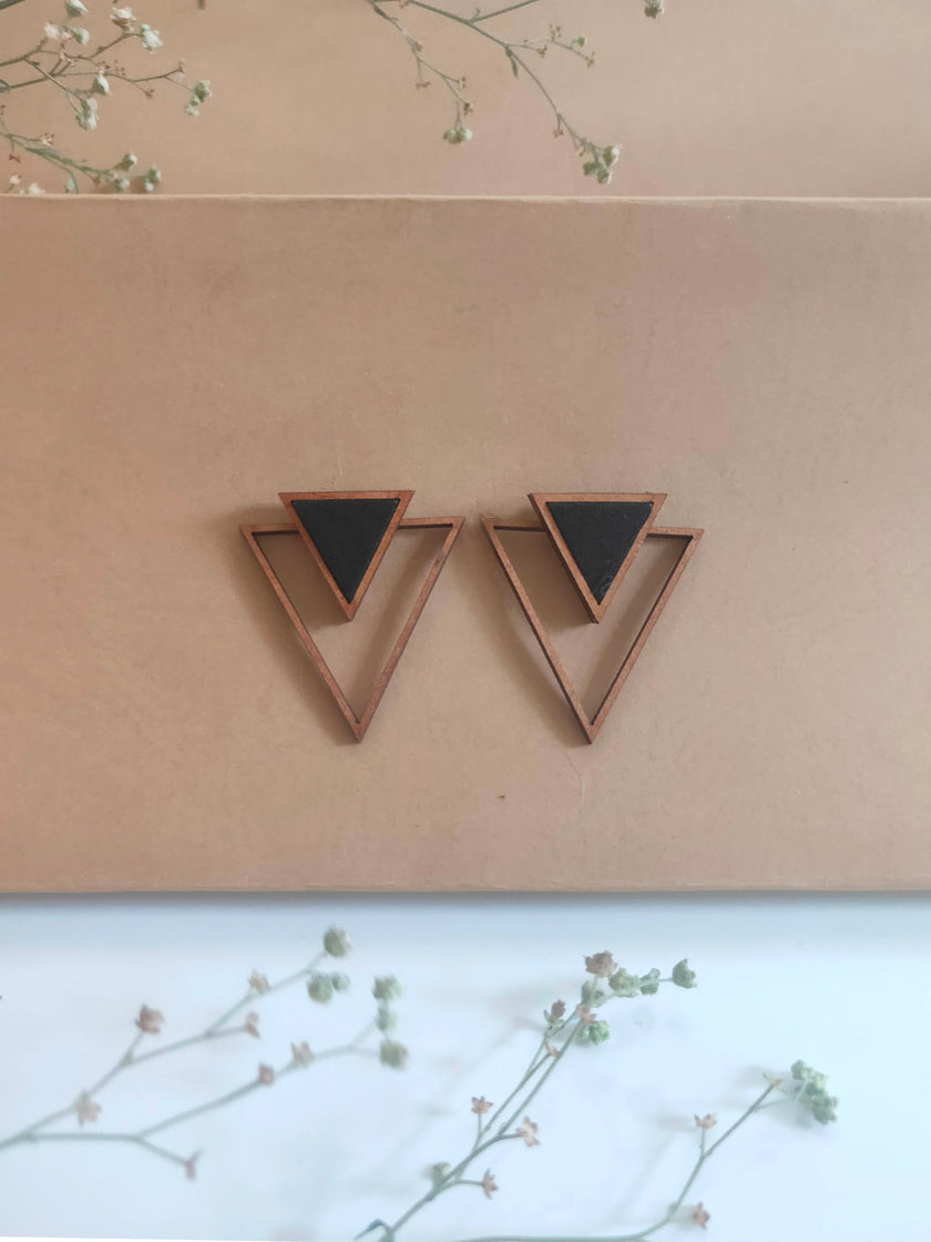 WHE Black Two Look in One Repurposed Fabric and Wood Triangle Earring