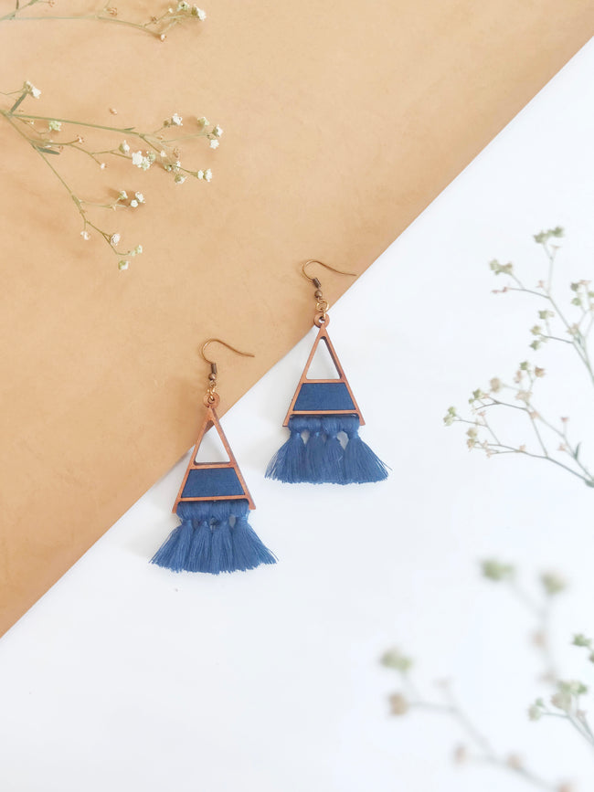 WHE Triangle Tassel Repurposed Wood Earrings (BLUE)