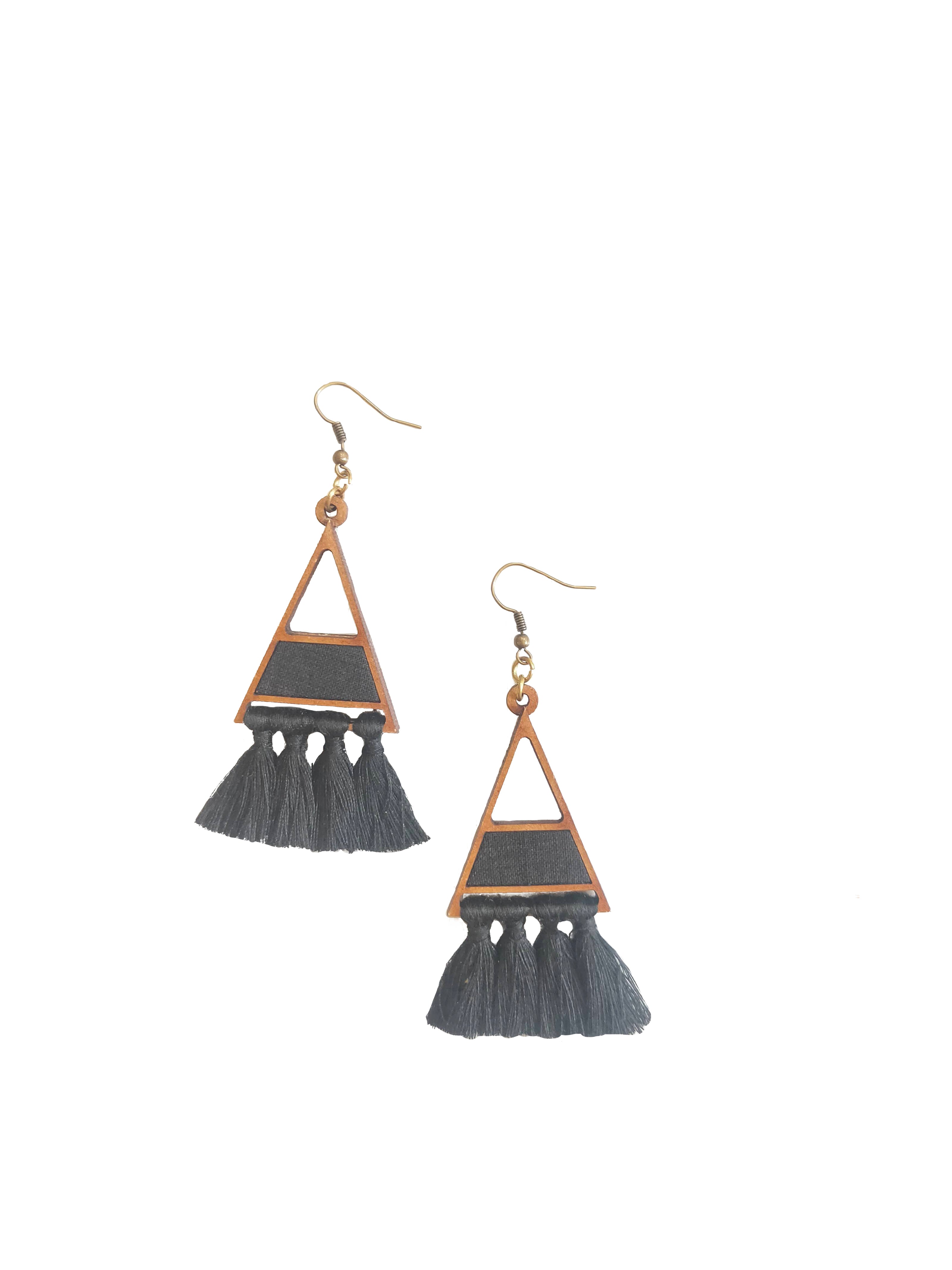 WHE Black Triangle Repurposed Fabric and Wood Earring with Tassels
