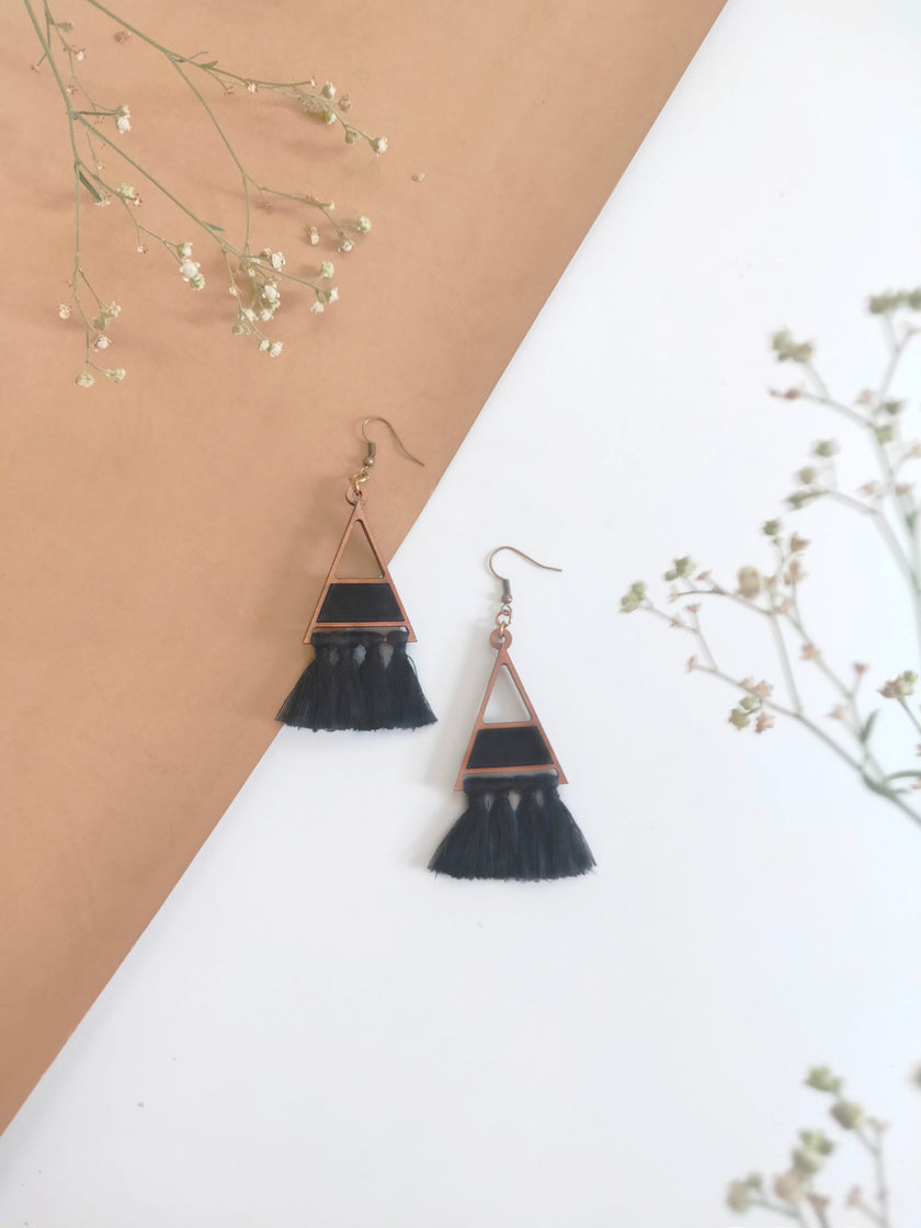 WHE Black Triangle Repurposed Fabric and Wood Earring with Tassels