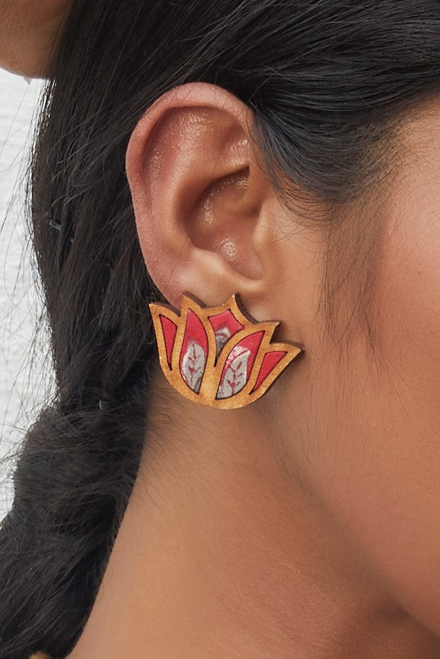 WHE Red Bloom Lotus Repurposed Fabric and Wood Earrings