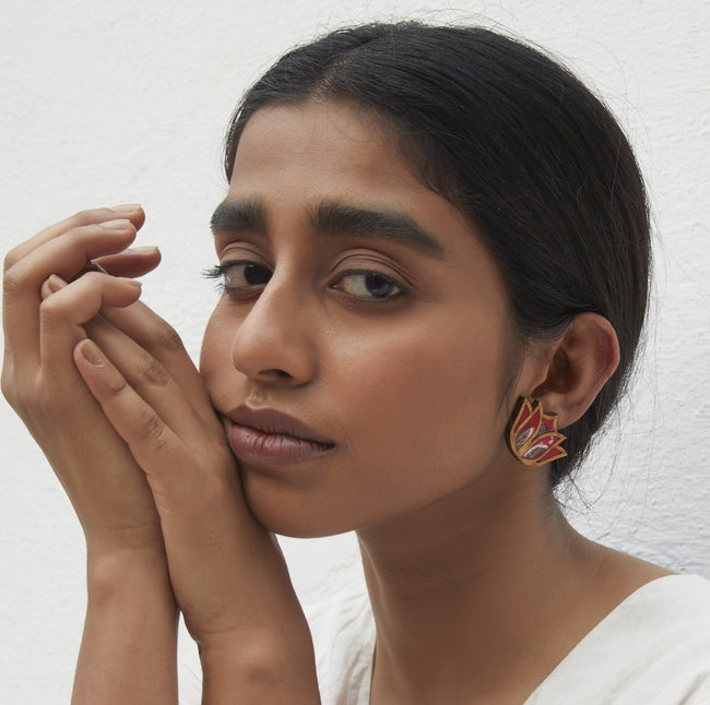 WHE Red Bloom Lotus Repurposed Fabric and Wood Earrings