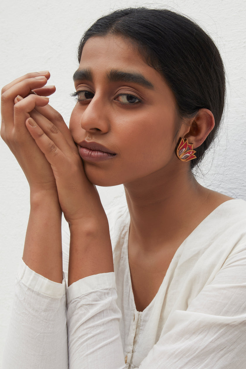 WHE Red Bloom Lotus Repurposed Fabric and Wood Earrings