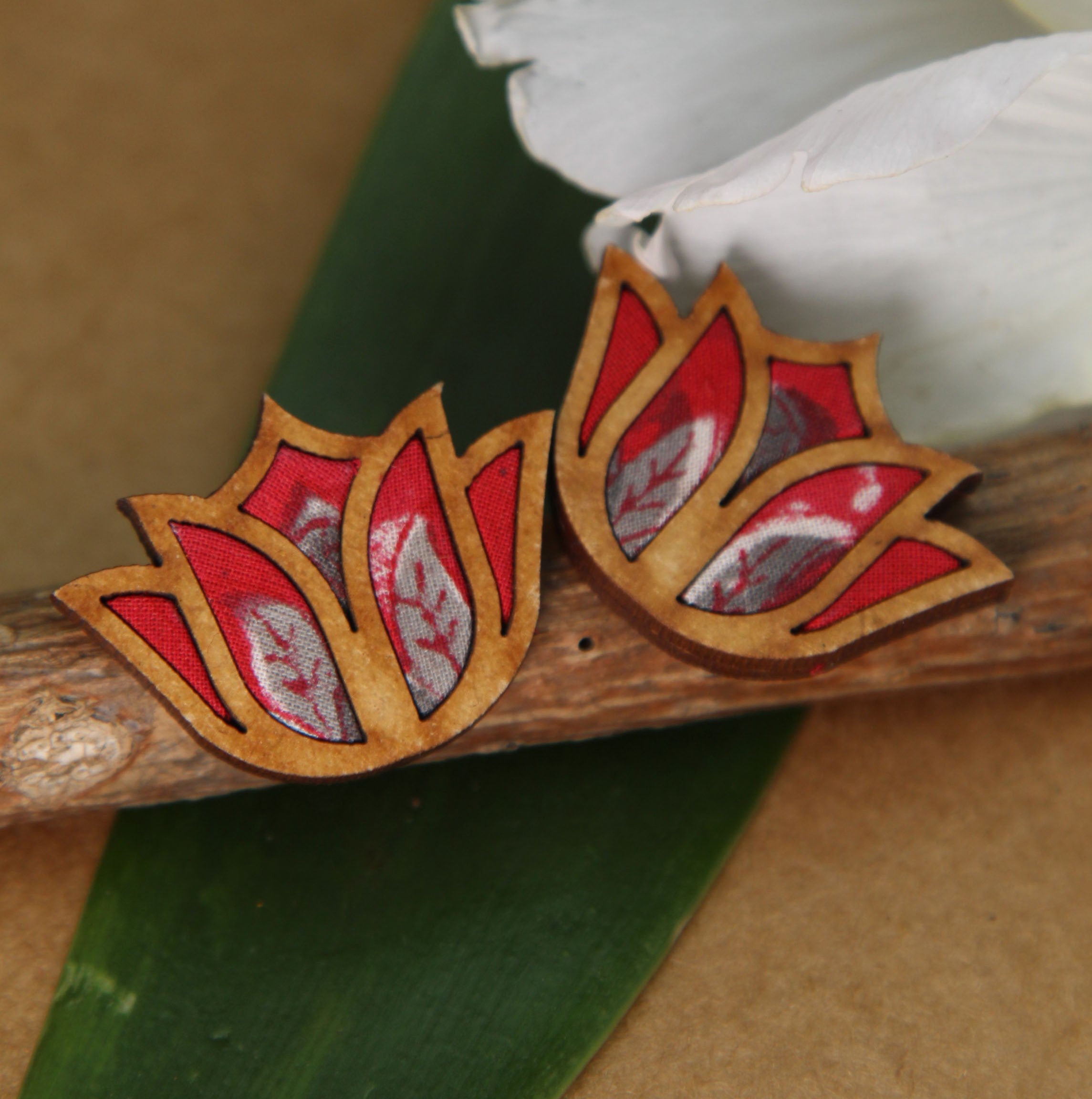 WHE Red Bloom Lotus Repurposed Fabric and Wood Earrings