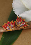 WHE Red Bloom Lotus Repurposed Fabric and Wood Earrings