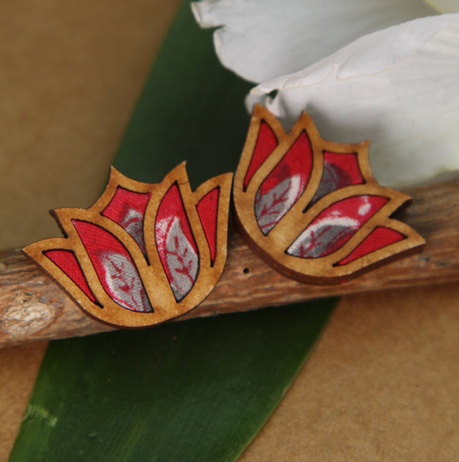 WHE Red Bloom Lotus Repurposed Fabric and Wood Earrings