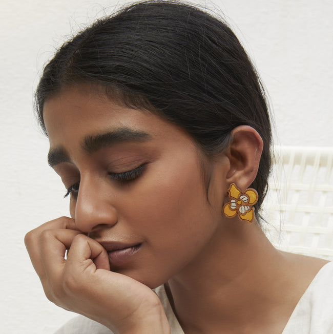 WHE Yellow Bloom Repurposed Fabric and Wood Flower Stud