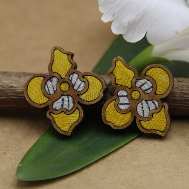 WHE Yellow Bloom Repurposed Fabric and Wood Flower Stud