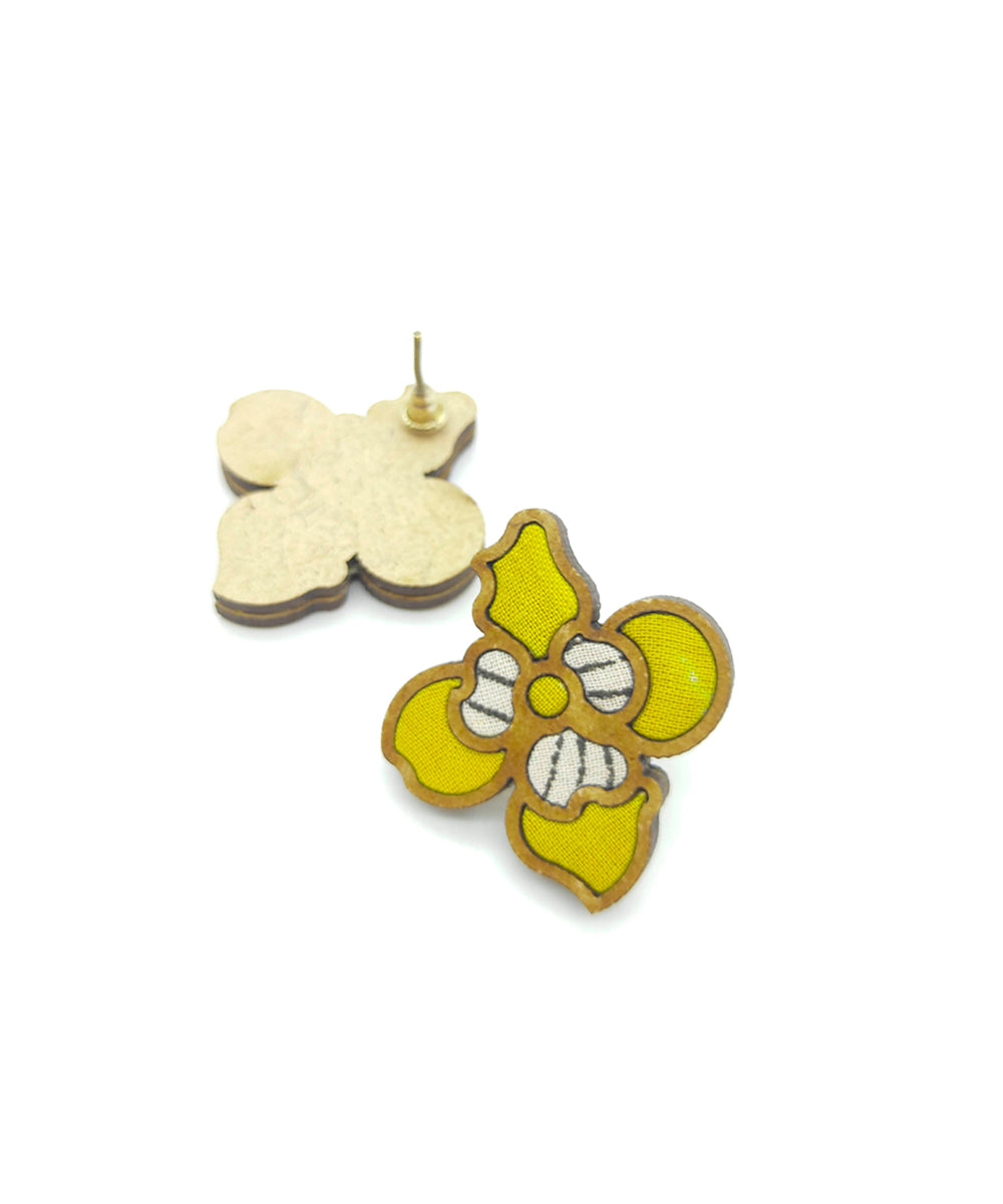 WHE Yellow Bloom Repurposed Fabric and Wood Flower Stud