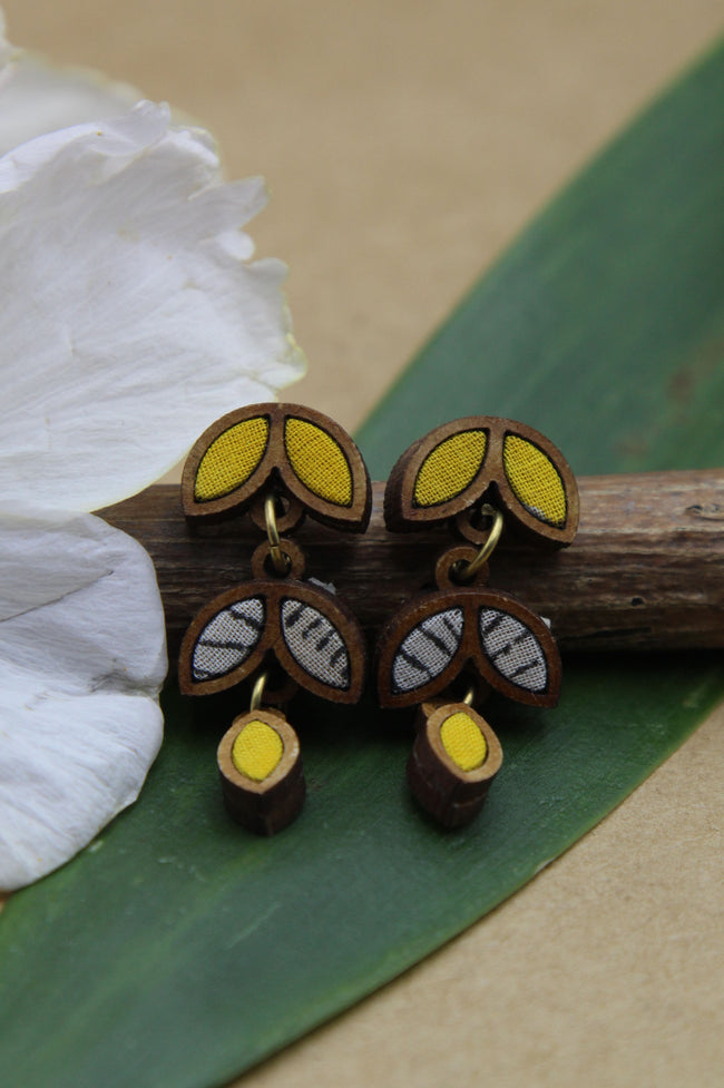 WHE Yellow White Bloom Repurposed Fabric and Wood Leaf Dangler