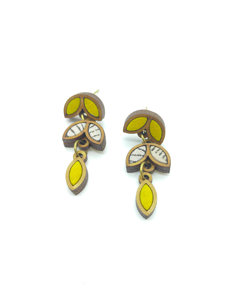 WHE Yellow White Bloom Repurposed Fabric and Wood Leaf Dangler