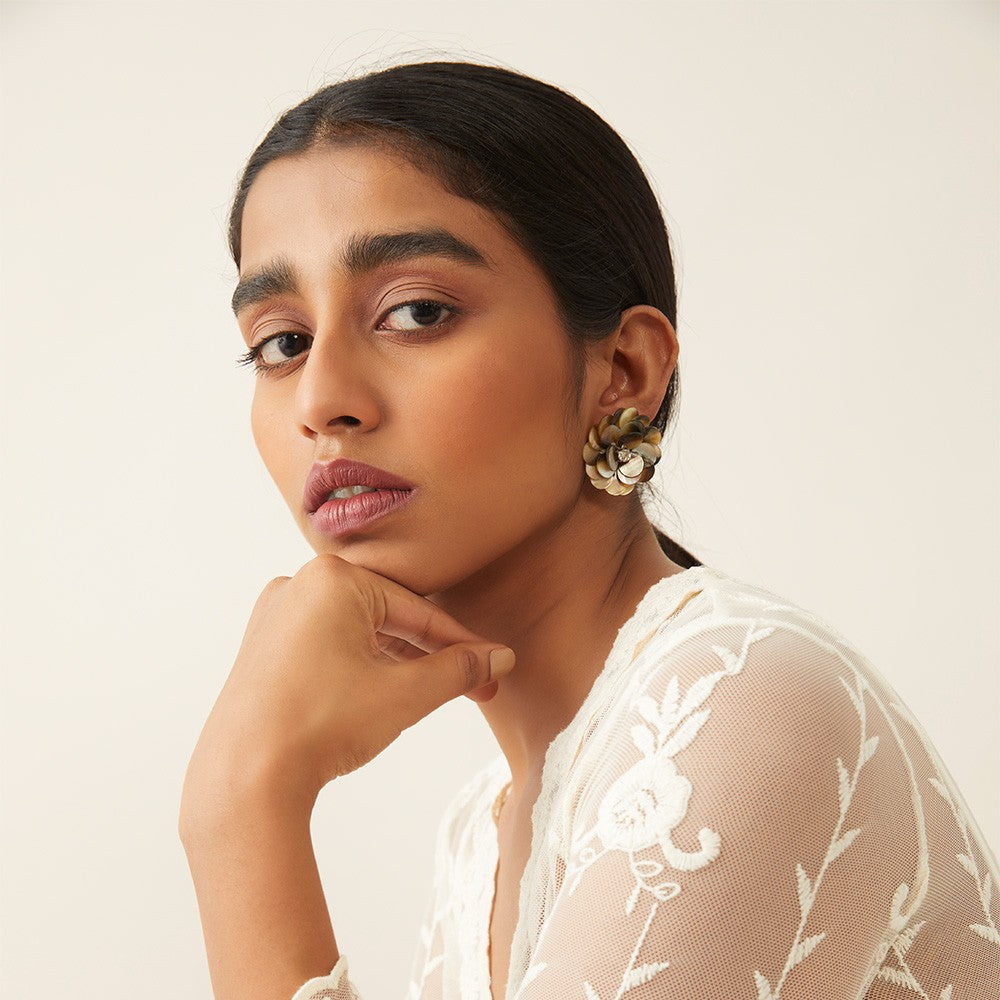 WHE Sea Secrets Gold 'Floral' Mother of Pearl Stud