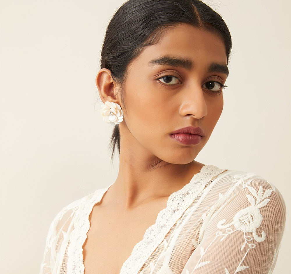 WHE Sea Secrets White 'Floral' Mother of Pearl Stud