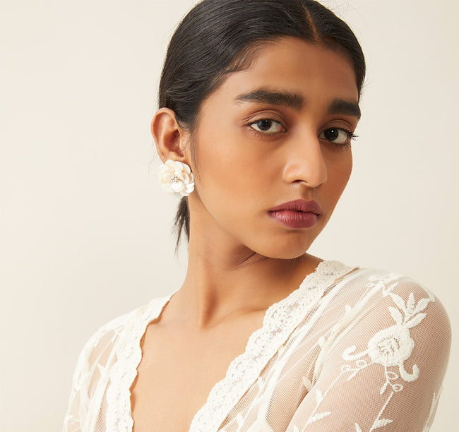 WHE Sea Secrets White 'Floral' Mother of Pearl Stud