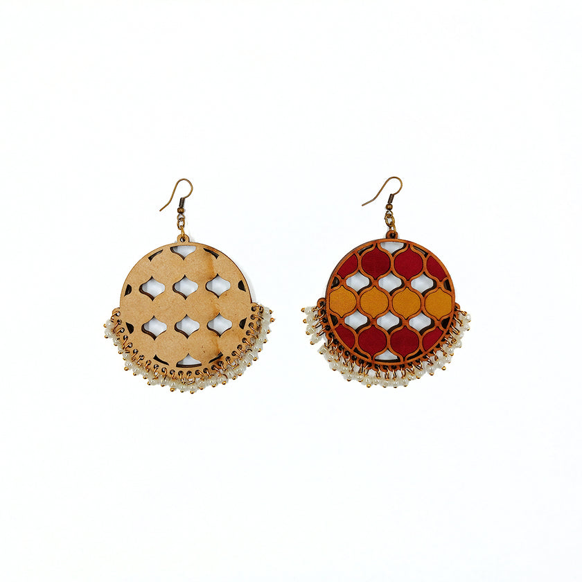 WHE Red Mustard Festive Repurposed Fabric and Wood Statement Danglers