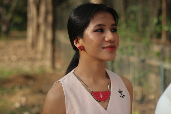 WHE Maroon Two Look in One Repurposed Fabric and Wood Triangle Earring