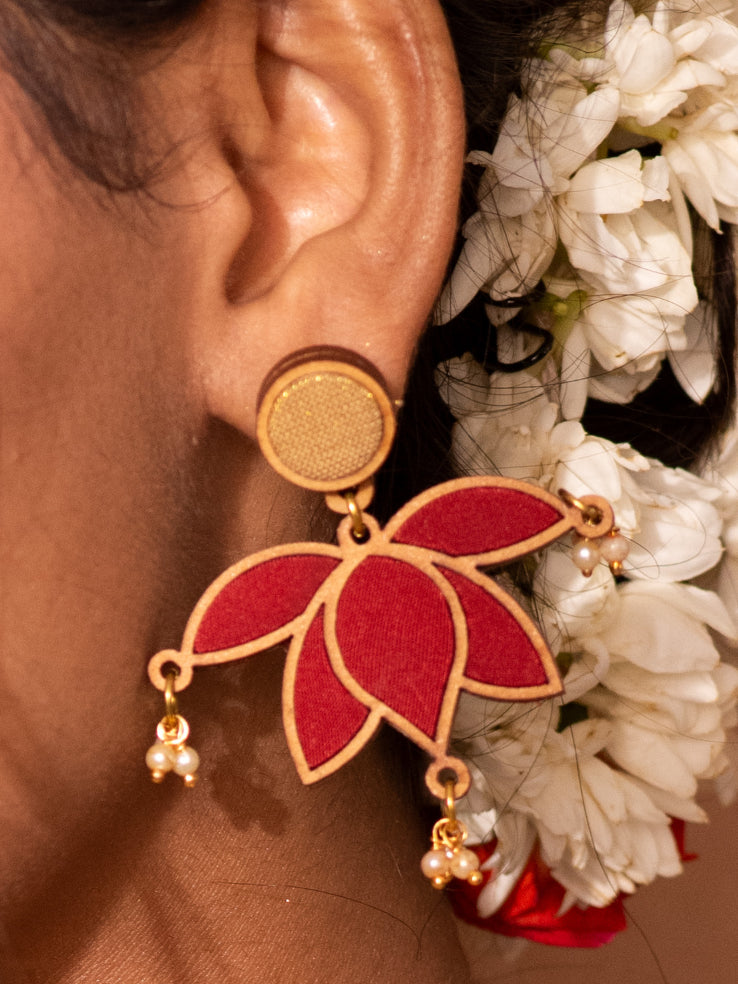 WHE Red and Gold Festive Lotus Upcycled Fabric and Repurposed Wood Statement Earrings