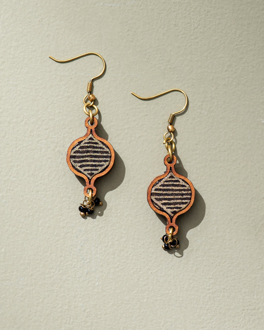 WHE Black Festive Repurposed Fabric and Wood Earrings