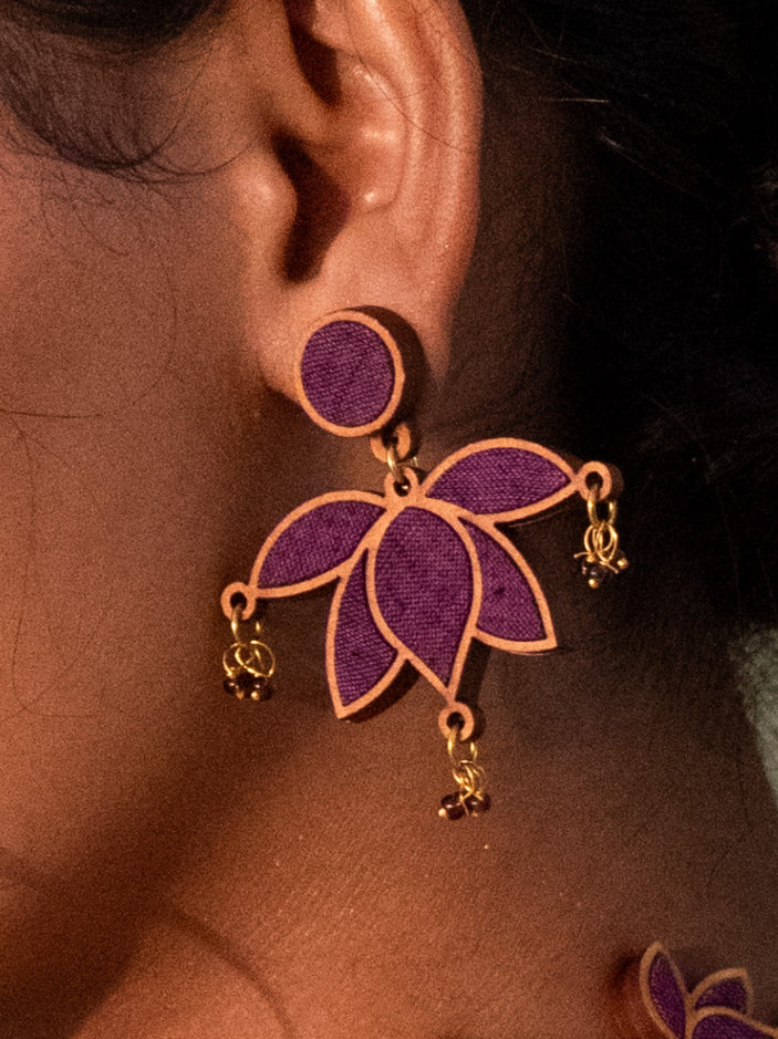 WHE Purple Lotus Repurposed Fabric and Wood Statement Earrings