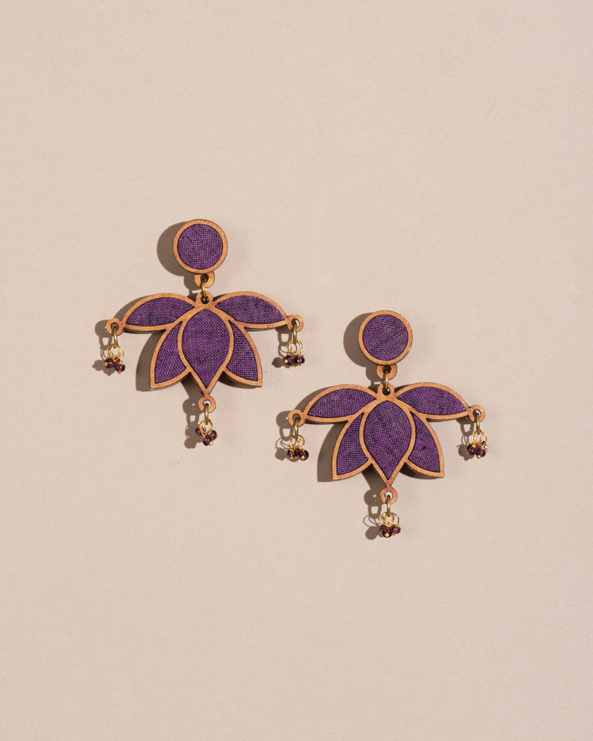 WHE Purple Lotus Repurposed Fabric and Wood Statement Earrings