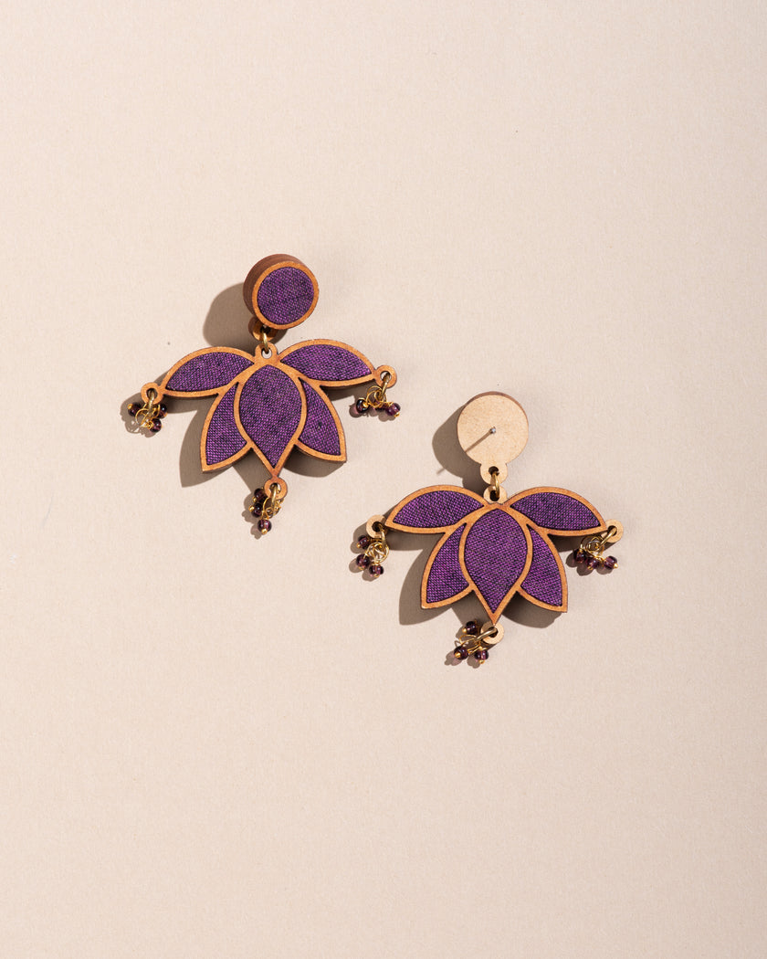 WHE Purple Lotus Repurposed Fabric and Wood Statement Earrings